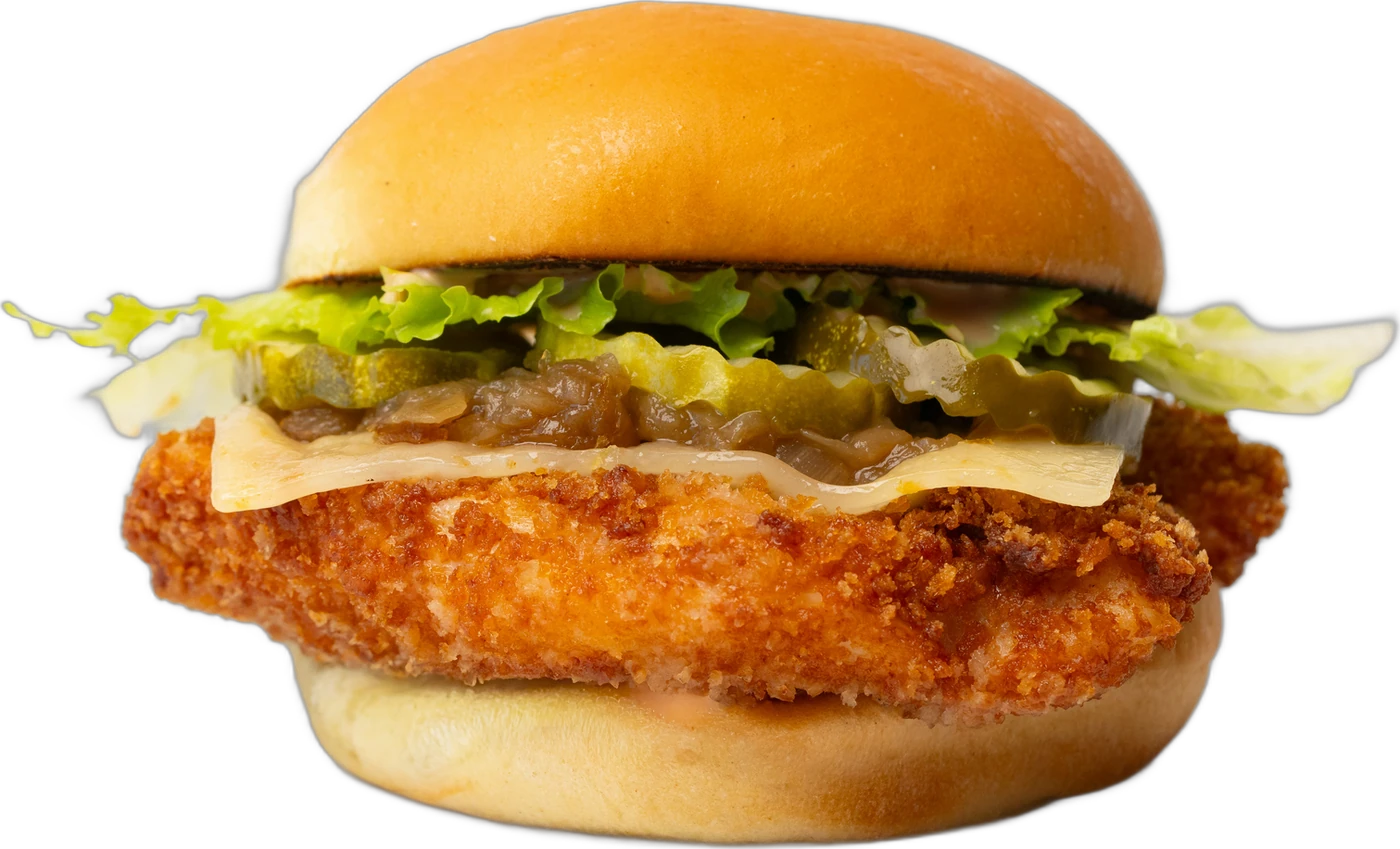Crispy chicken sandwich with pepper jack and caramelized onions