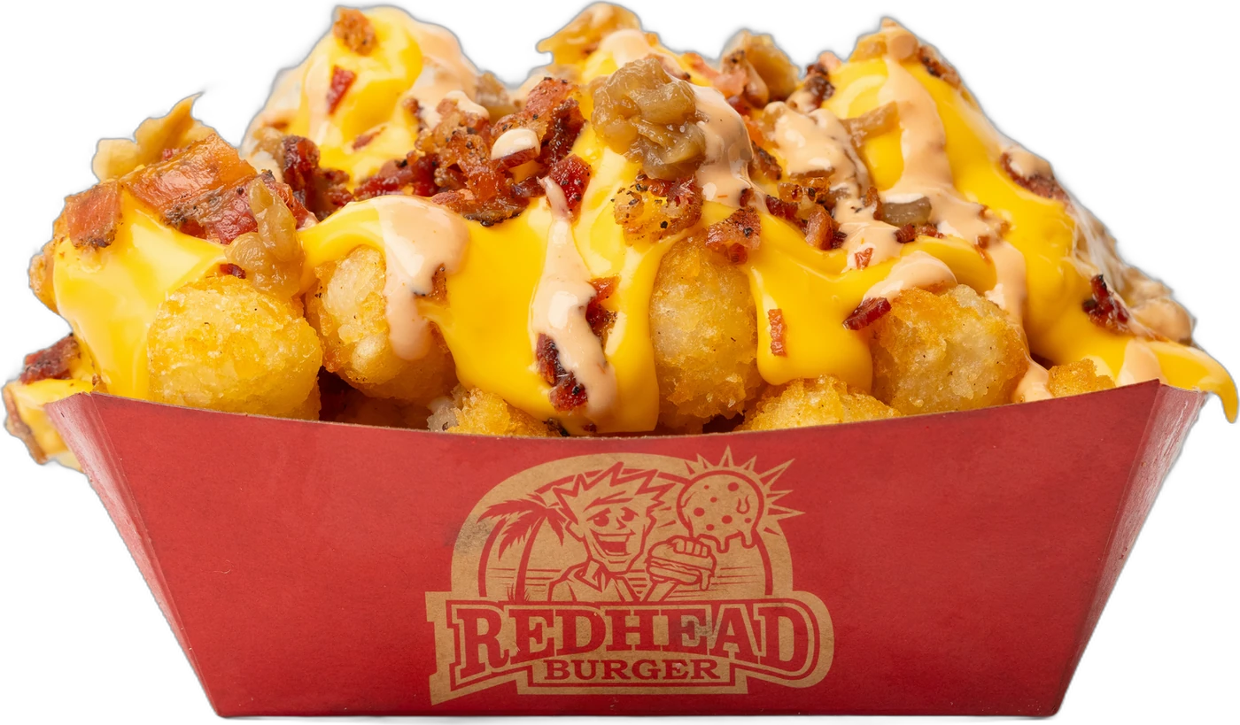 Loaded tater tots with cheese sauce, bacon and caramelized onion